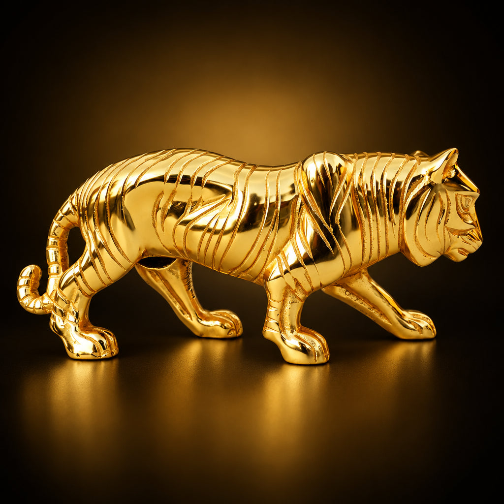 Aluminium Home Decorative Tiger Showpiece Statue - 13*3*5 Inch (AN263 G)