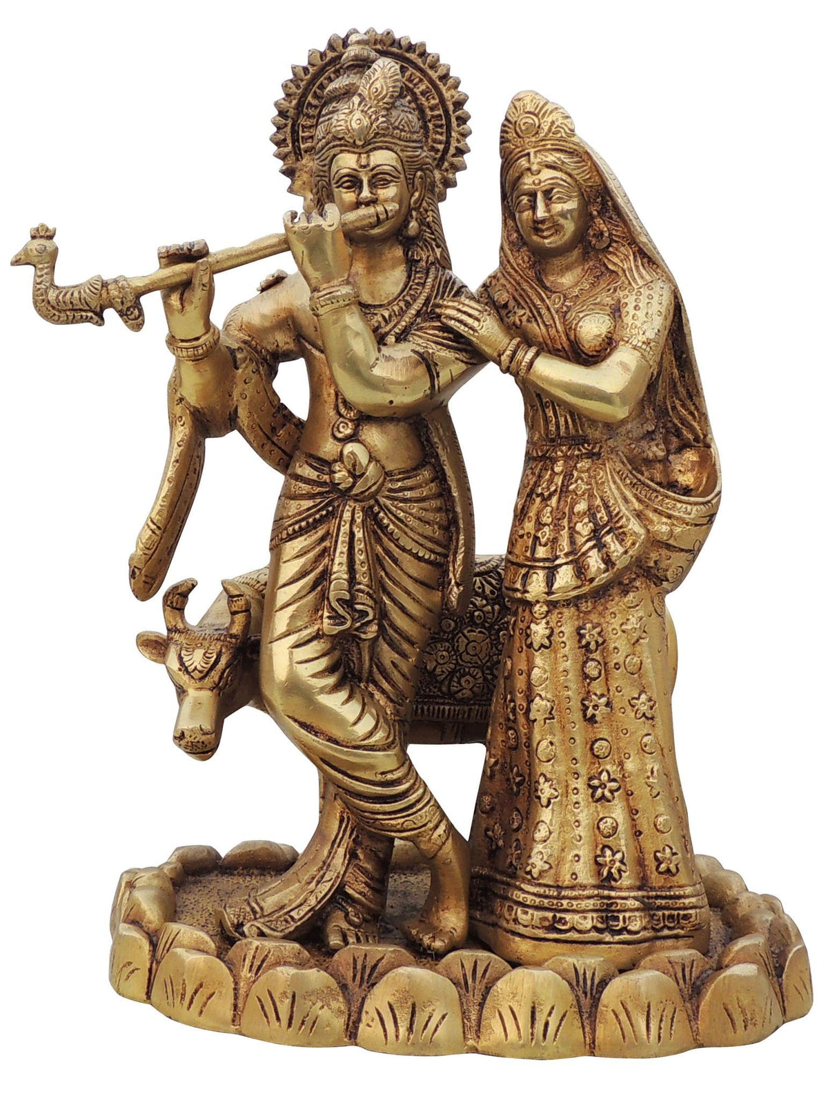 Brass Showpiece Radha Krishan Pair With Cow God Idol Statue - 7.5*6*11 inch (BS1035 C)