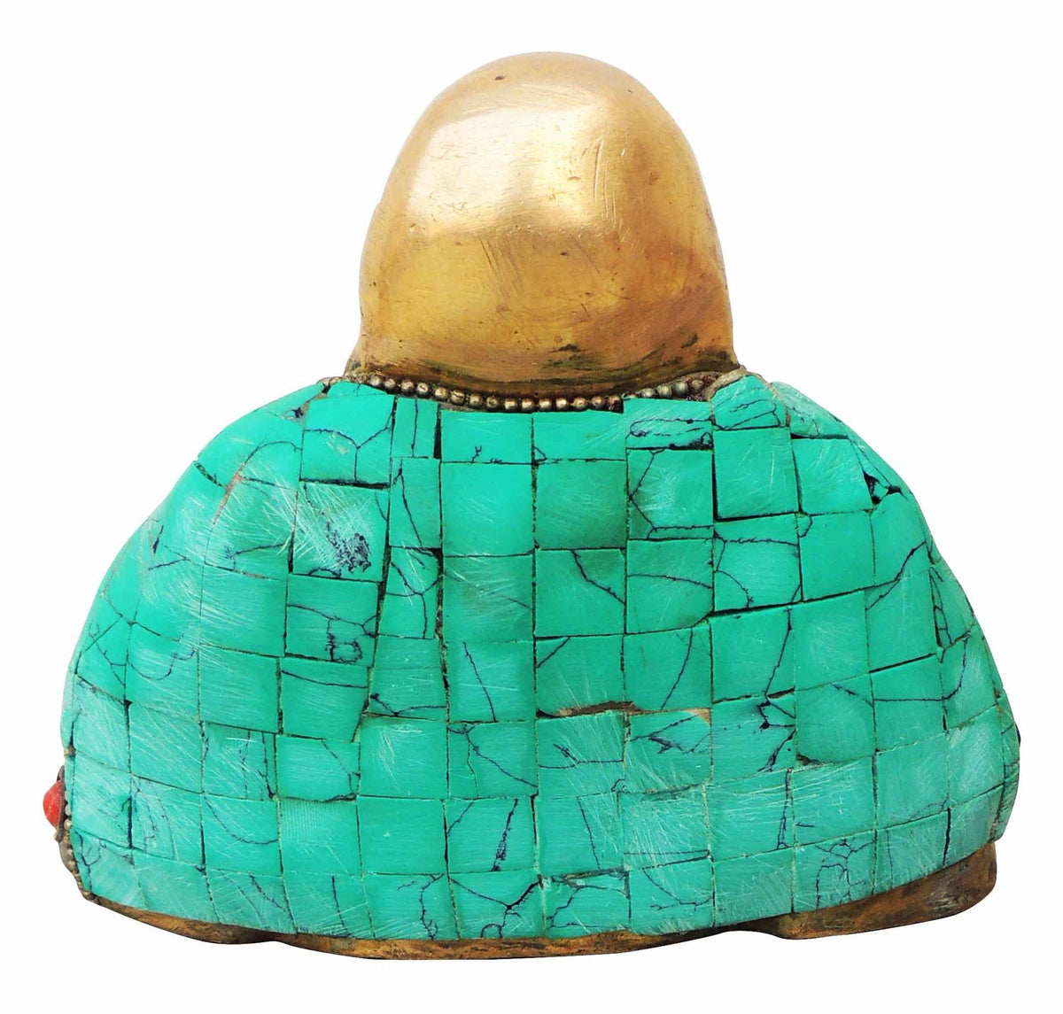 Brass Showpiece Laughing Buddha Statue With Turquoise Coral Stone Finish - 4.4*2.6*4 Inch (BS325 A)