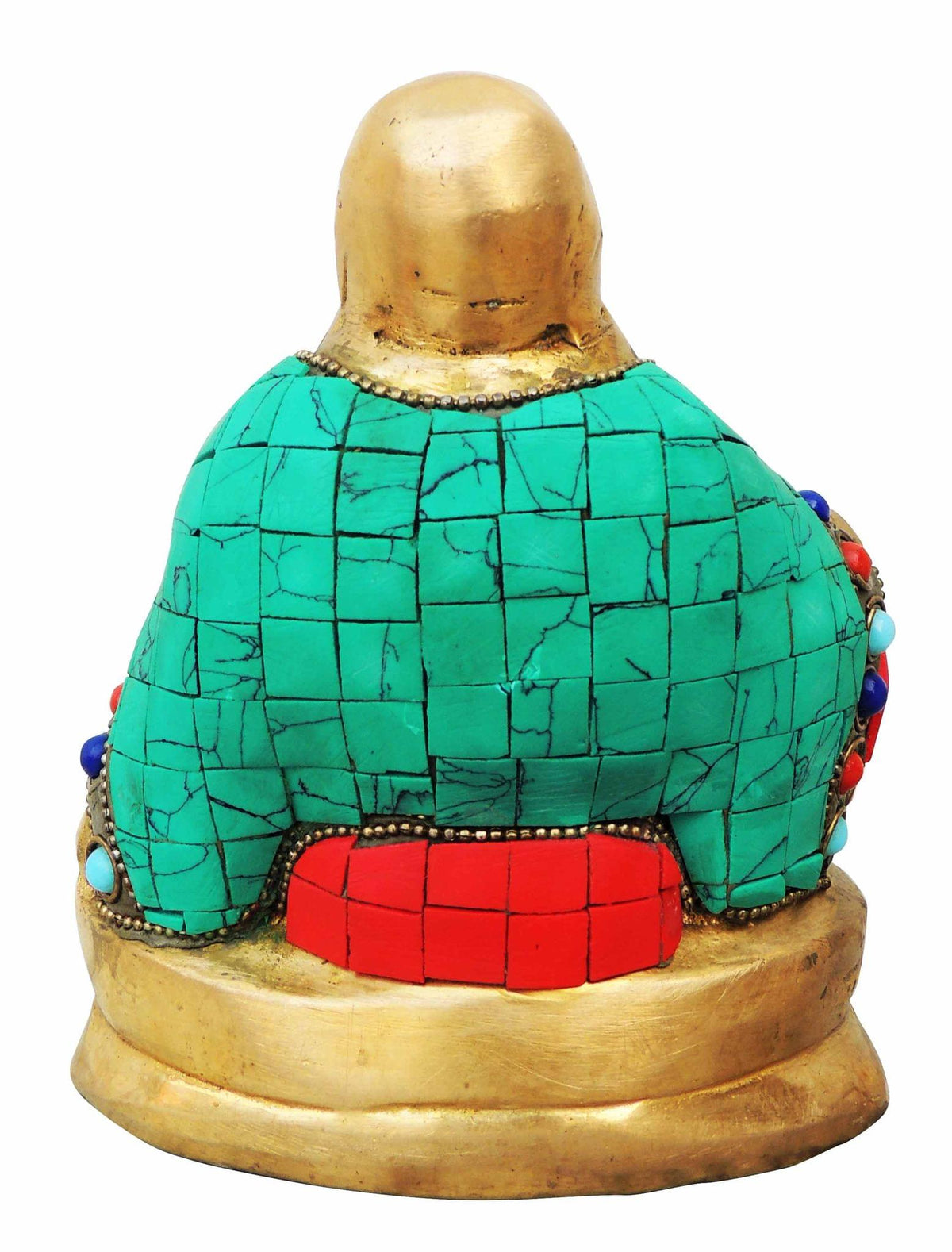 Brass Showpiece Laughing Buddha Statue With Turquoise Coral Stone Finish - 4.5*2.8*5.2 Inch (BS325 D)