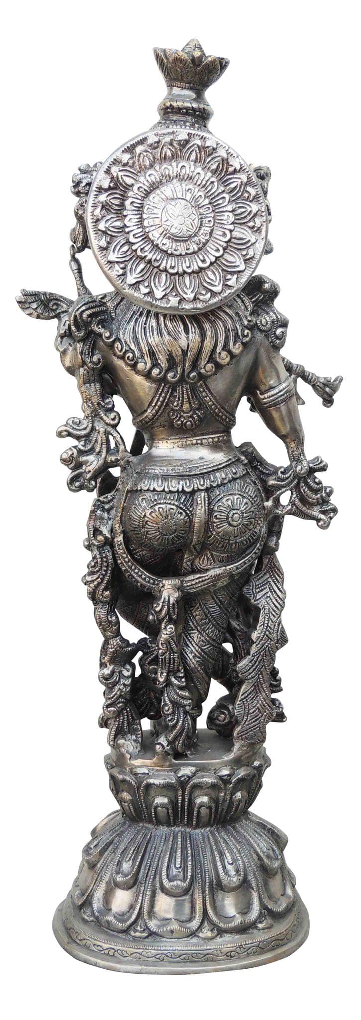 Brass Showpiece Krishna Statue With Silver Antique Finish - 7.5*5.8*23.5 Inch (BS369)