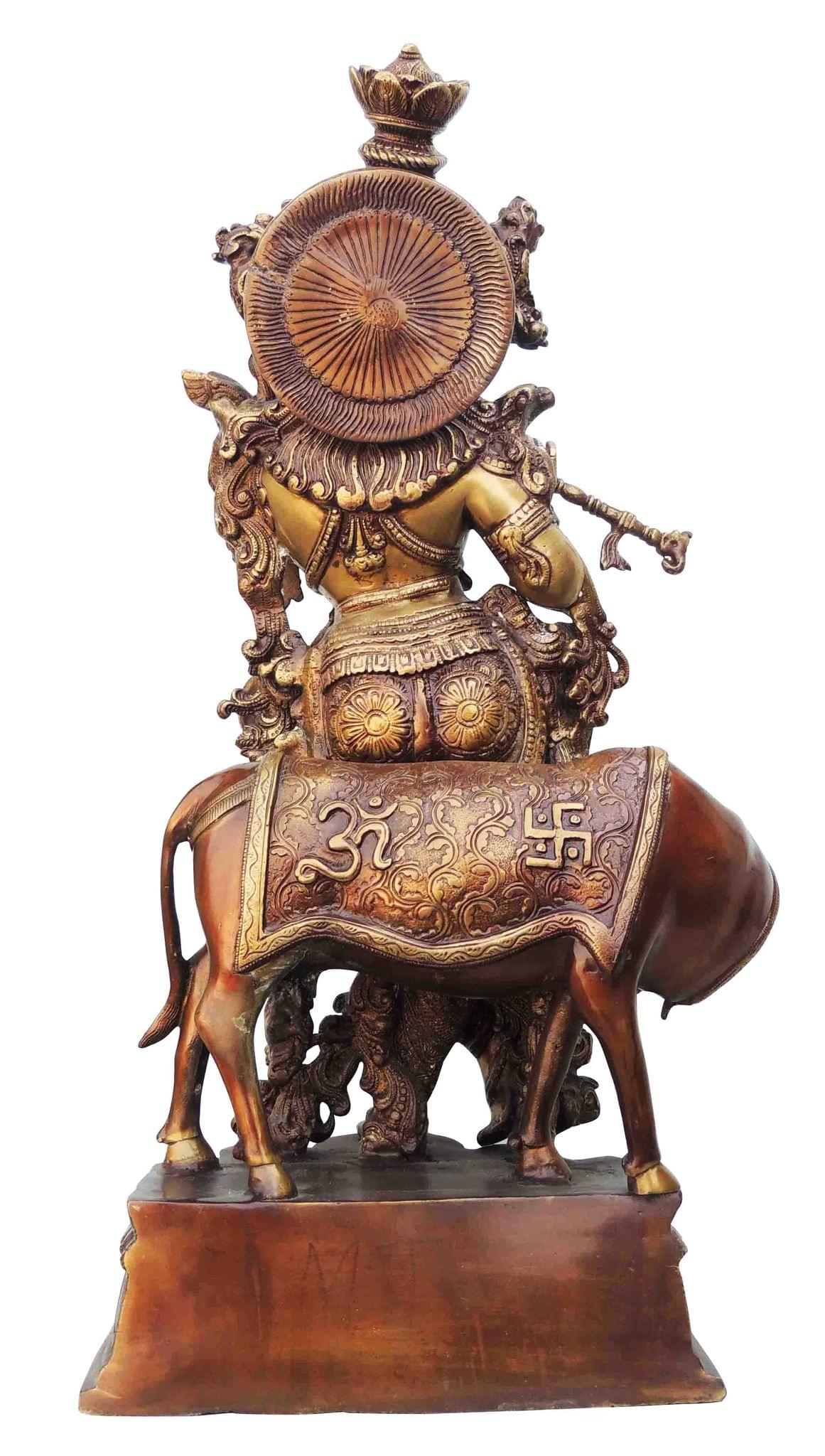 Brass Showpiece Cow With Krishna God Idol Statue - 13*8.5*26 Inch (BS583)