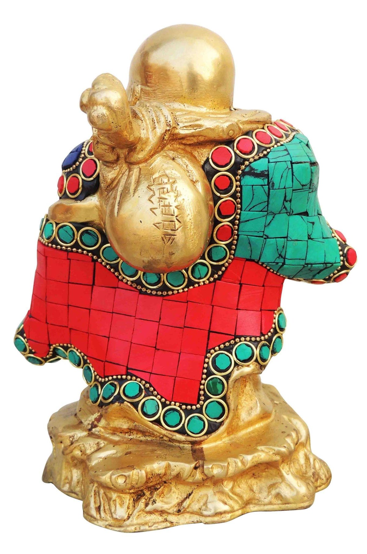 Brass Showpiece Laughing Budha Statue With Turquoise Coral Stone Finish - 5.3*4*7 Inch (BS778 A)