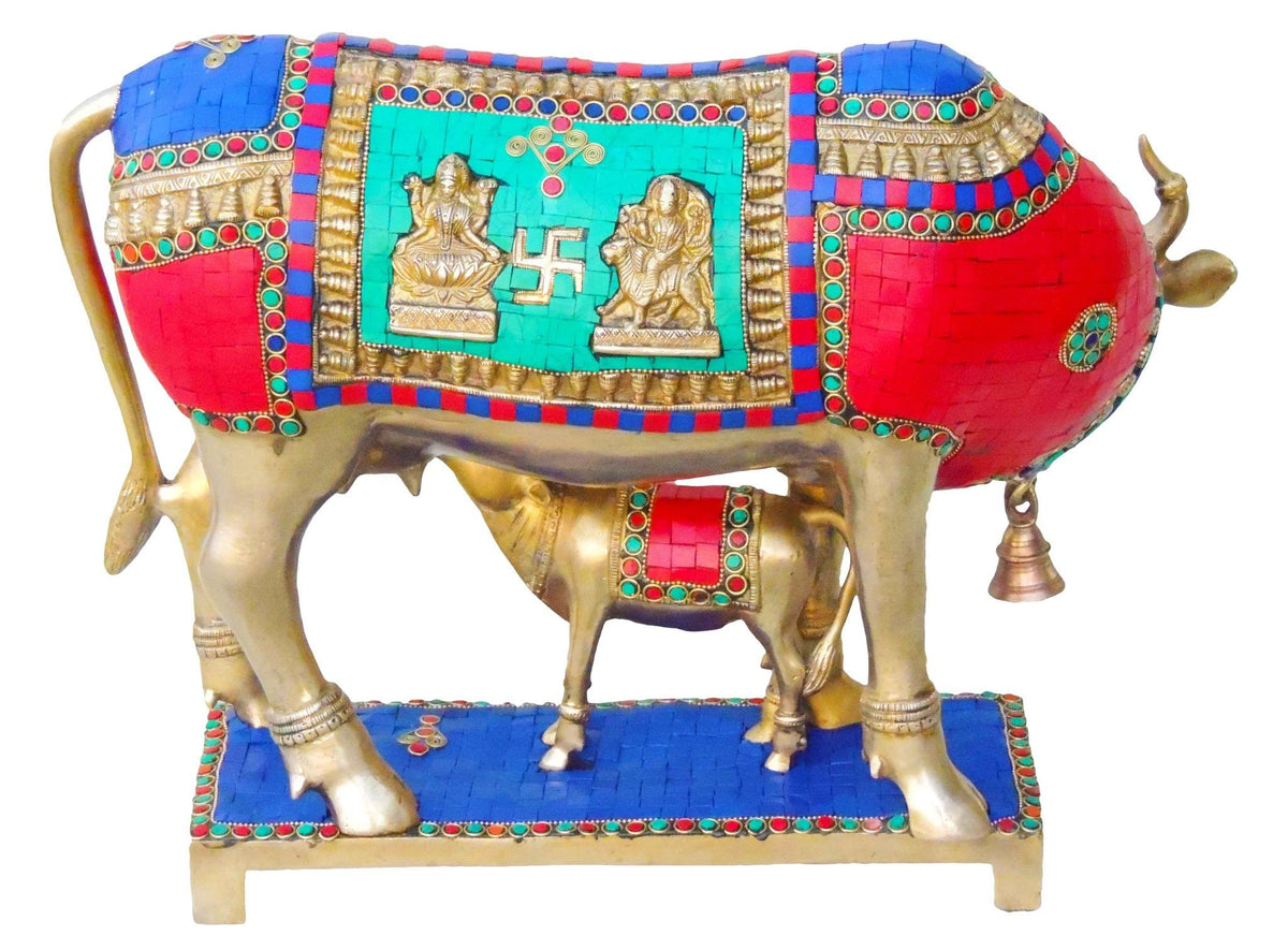 Brass Showpiece Cow with Calf Stone Statue - 17.5*10.5*13 inch (BS804 B)