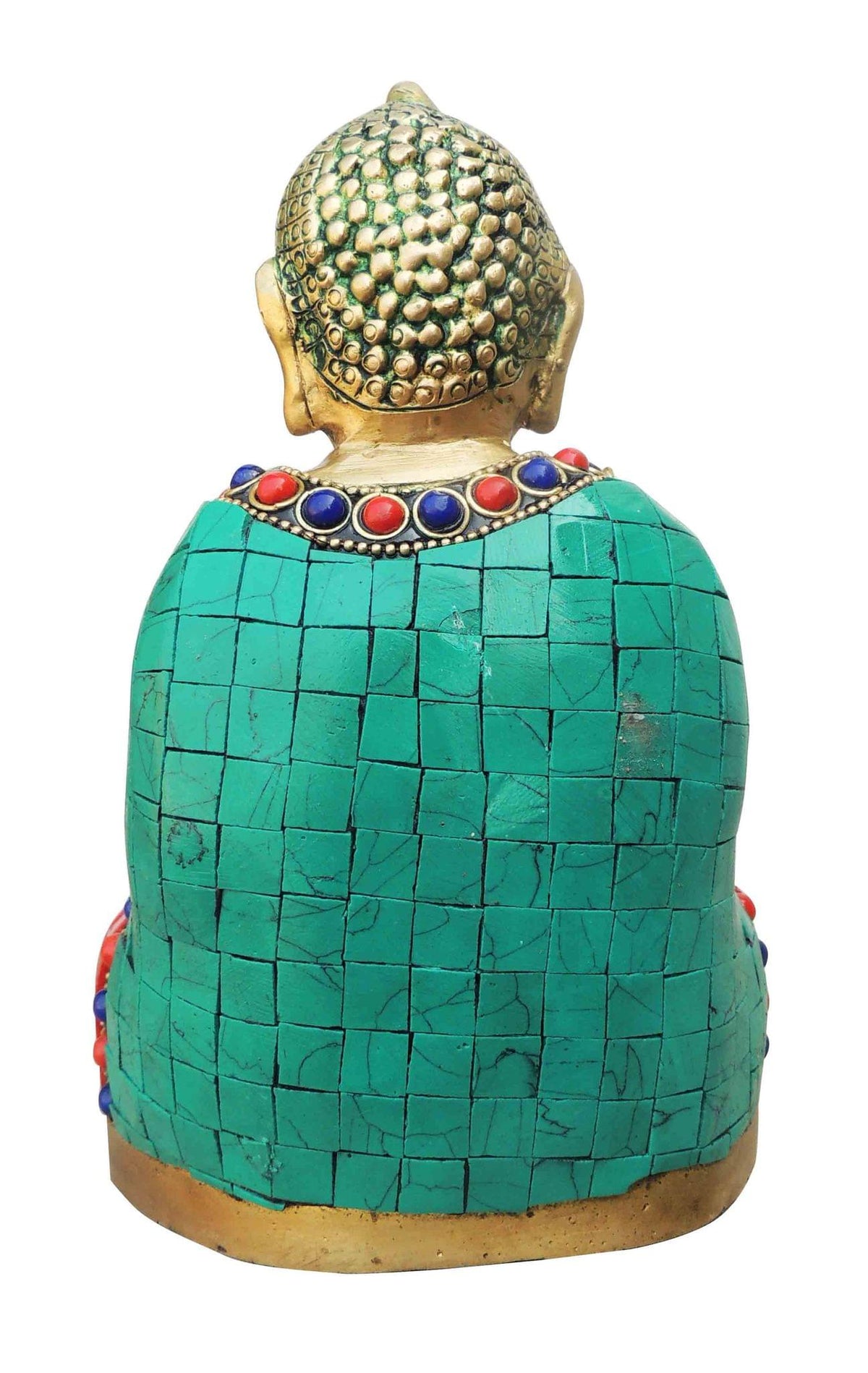 Brass Showpiece Budha Stone Statue With Turquoise Coral Stone Finish - 4.5*4*7.2 Inch (BS948 B)