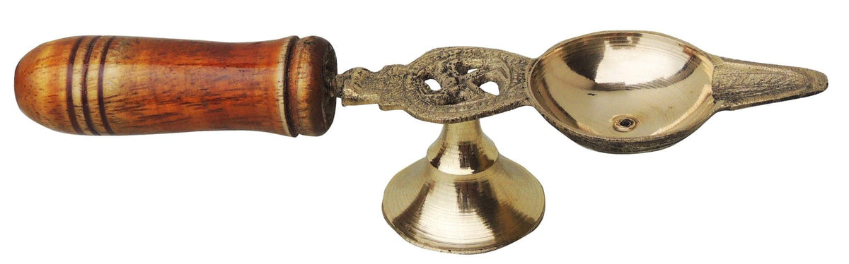 Brass Table Decor Oil Lamp Deepak With Wooden Handle - 6.5*1.5*1.2 inch (F363 B)