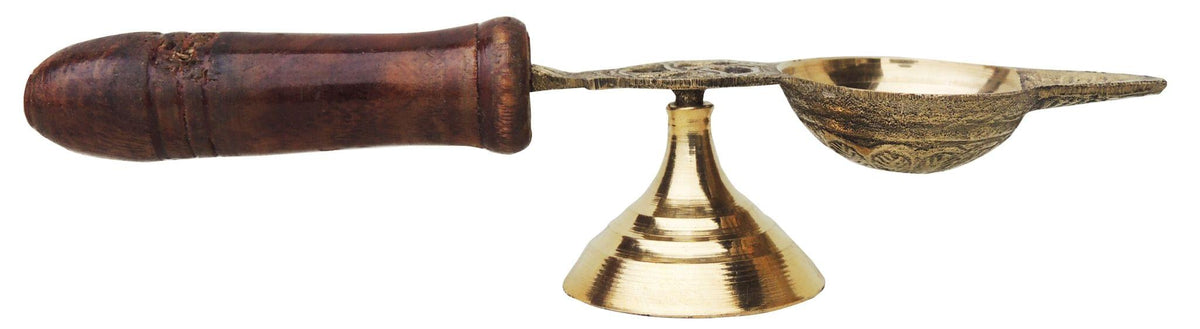 Brass Table Decor Oil Lamp Deepak With Wooden Handle - 7*1.5*1.4 inch (F363 C)