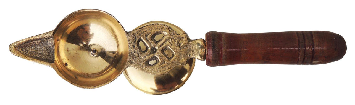Brass Table Decor Oil Lamp Deepak With Wooden Handle - 7.5*1.8*1.8 inch (F363 D)