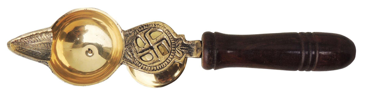 Brass Table Decor Oil Lamp Deepak With Wooden Handle - 2*9.5*2 inch (F363 E)