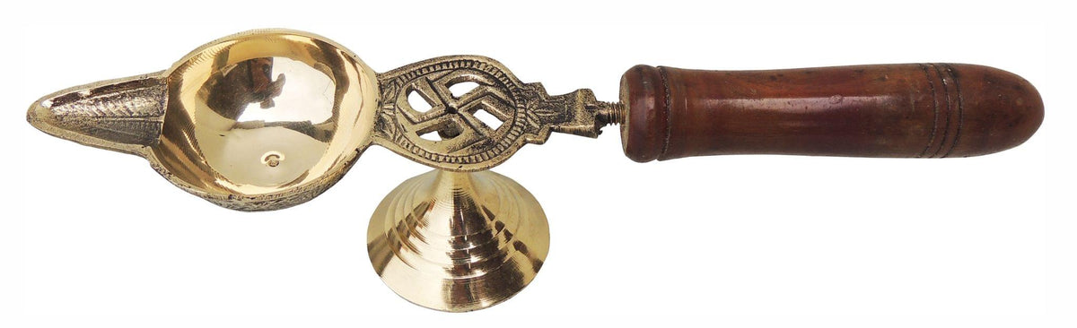 Brass Table Decor Oil Lamp Deepak With Wooden Handle - 10.5*2.4*2.2 inch (F363 F)