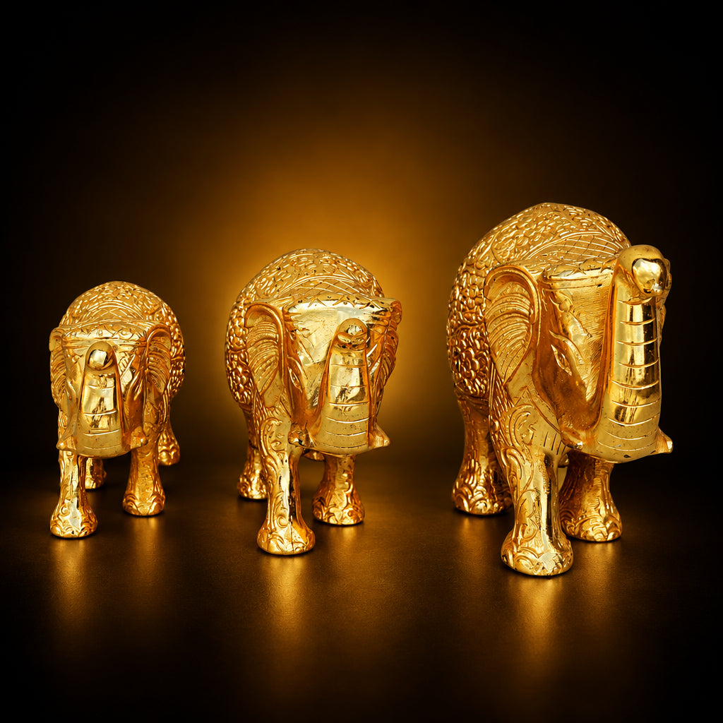 Aluminium Showpiece Elephant Set of 3 Pieces Gold Statue - 7.5*7*5 Inch (AS138 G)