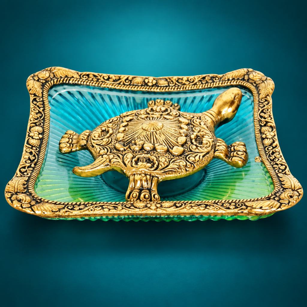 Showpiece Tortoise StatueWith Coloured Square Glass Tray- 7*7*1.5 inch (AS153 G)