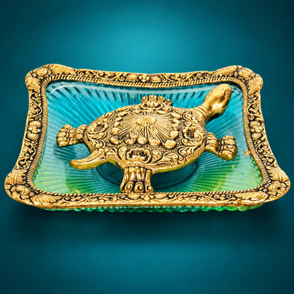 Showpiece Tortoise StatueWith Coloured Square Glass Tray- 7*7*1.5 inch (AS153 G)