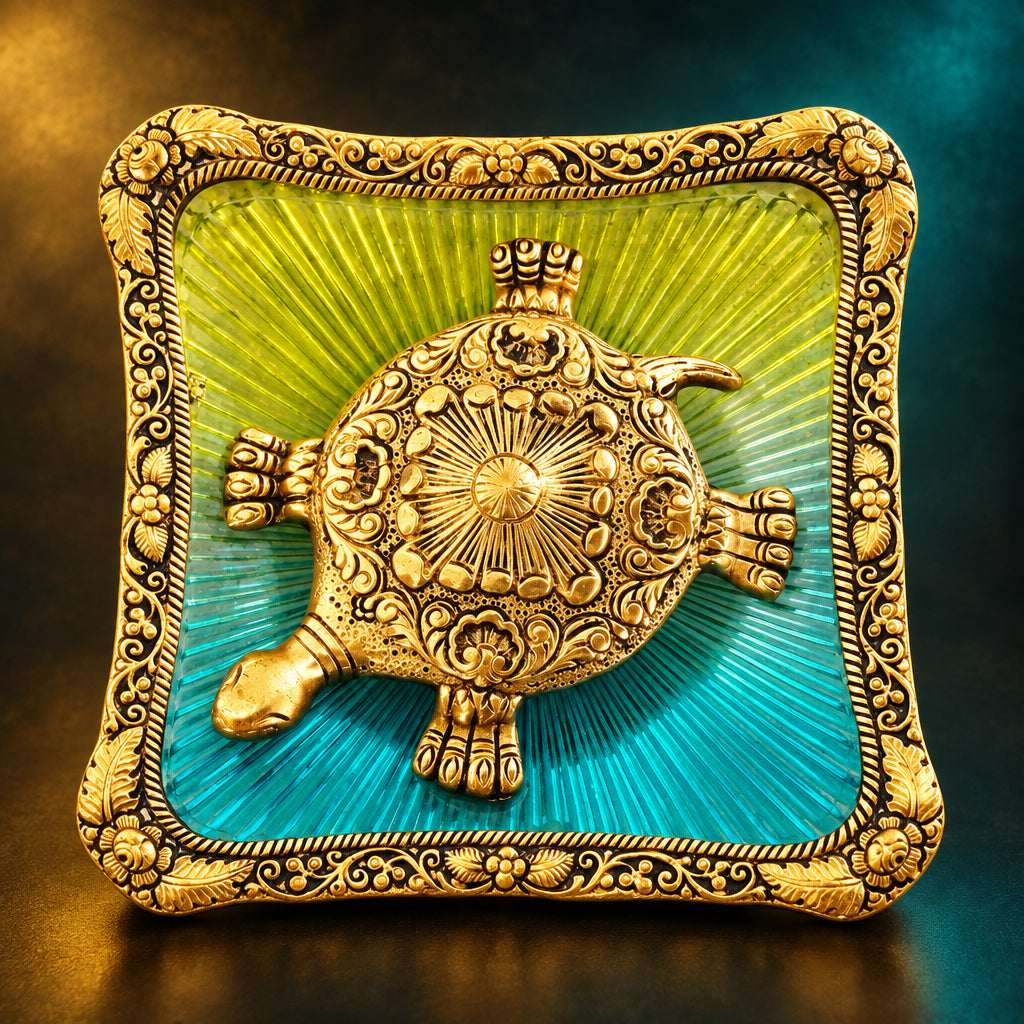 Showpiece Tortoise StatueWith Coloured Square Glass Tray- 7*7*1.5 inch (AS153 G)