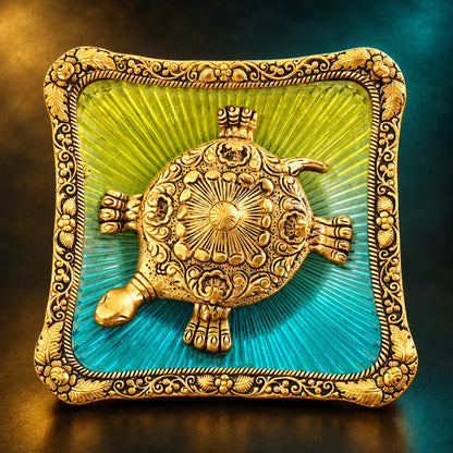Showpiece Tortoise StatueWith Coloured Square Glass Tray- 7*7*1.5 inch (AS153 G)
