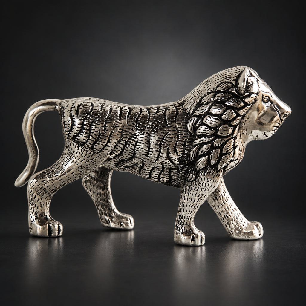 Aluminium Showpiece Silver Lion Statue - 9.2*3*5.6 Inch (AS214 S)