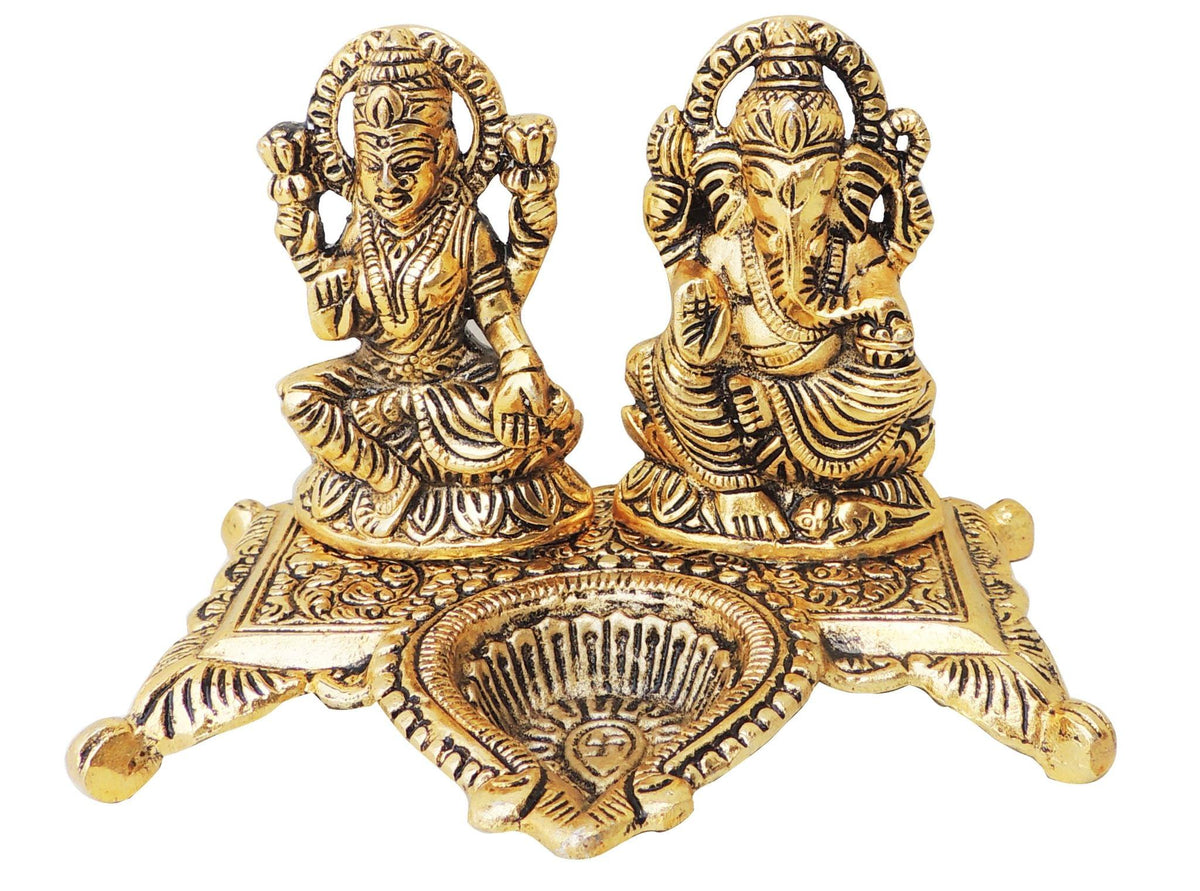 Showpiece Aluminium Laxmi Ganesh Deepak - 6*4.5*4.2 inch (AS370 G)