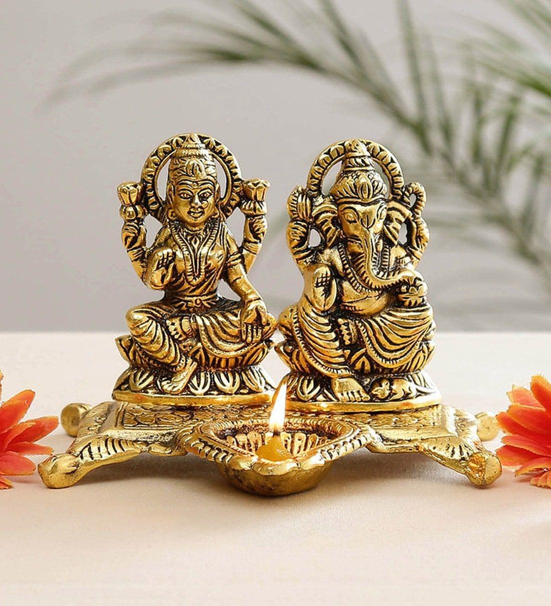 Showpiece Aluminium Laxmi Ganesh Deepak - 6*4.5*4.2 inch (AS370 G)