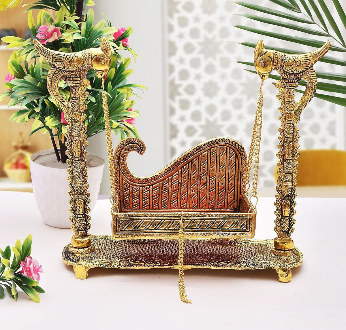 Aluminium Showpiece Peacock Jhula Statue - 11*4.5*10 Inch (AS426 C)
