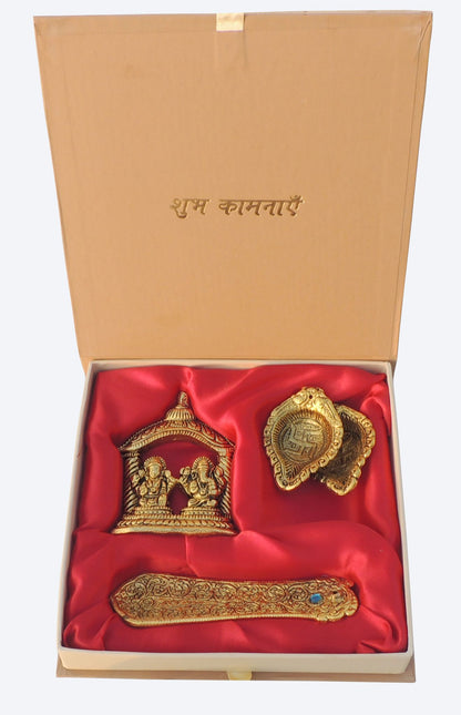 Aluminium Diwali Pooja Set With Agarbatti Stand, Deepak & Laxmi Ganesh Pair Statue (AS428 C)