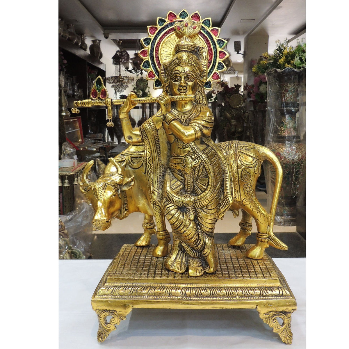 Aluminium Showpiece Cow Krishna - 12.5*8*20 Inch (AS448 G)
