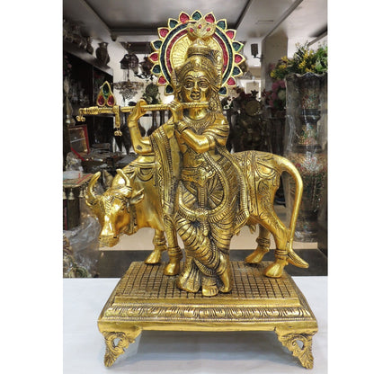 Aluminium Showpiece Cow Krishna - 12.5*8*20 Inch (AS448 G)