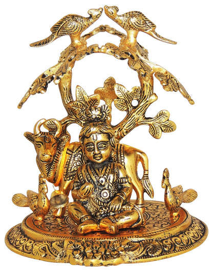 Aluminium Showpiece Laddu Gopal Tree Cow Statue - 7*7*8.3 Inch (AS452 G)
