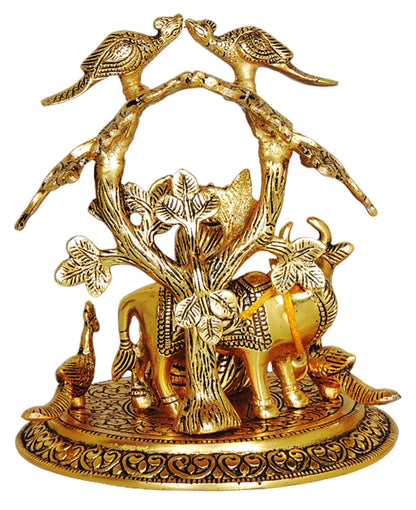 Aluminium Showpiece Laddu Gopal Tree Cow Statue - 7*7*8.3 Inch (AS452 G)