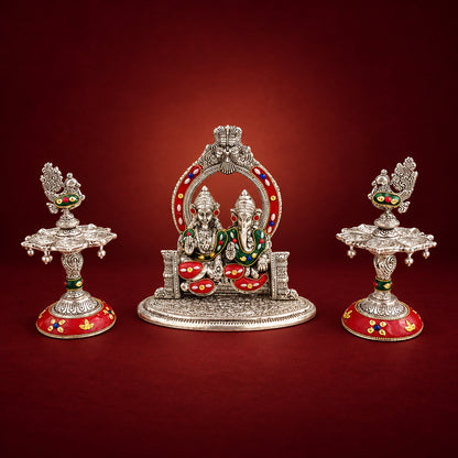 Aluminium Showpiece Laxmi Ganesh Mehrav  Gift Set - 4*4*7.5 Inch (AS527 G)