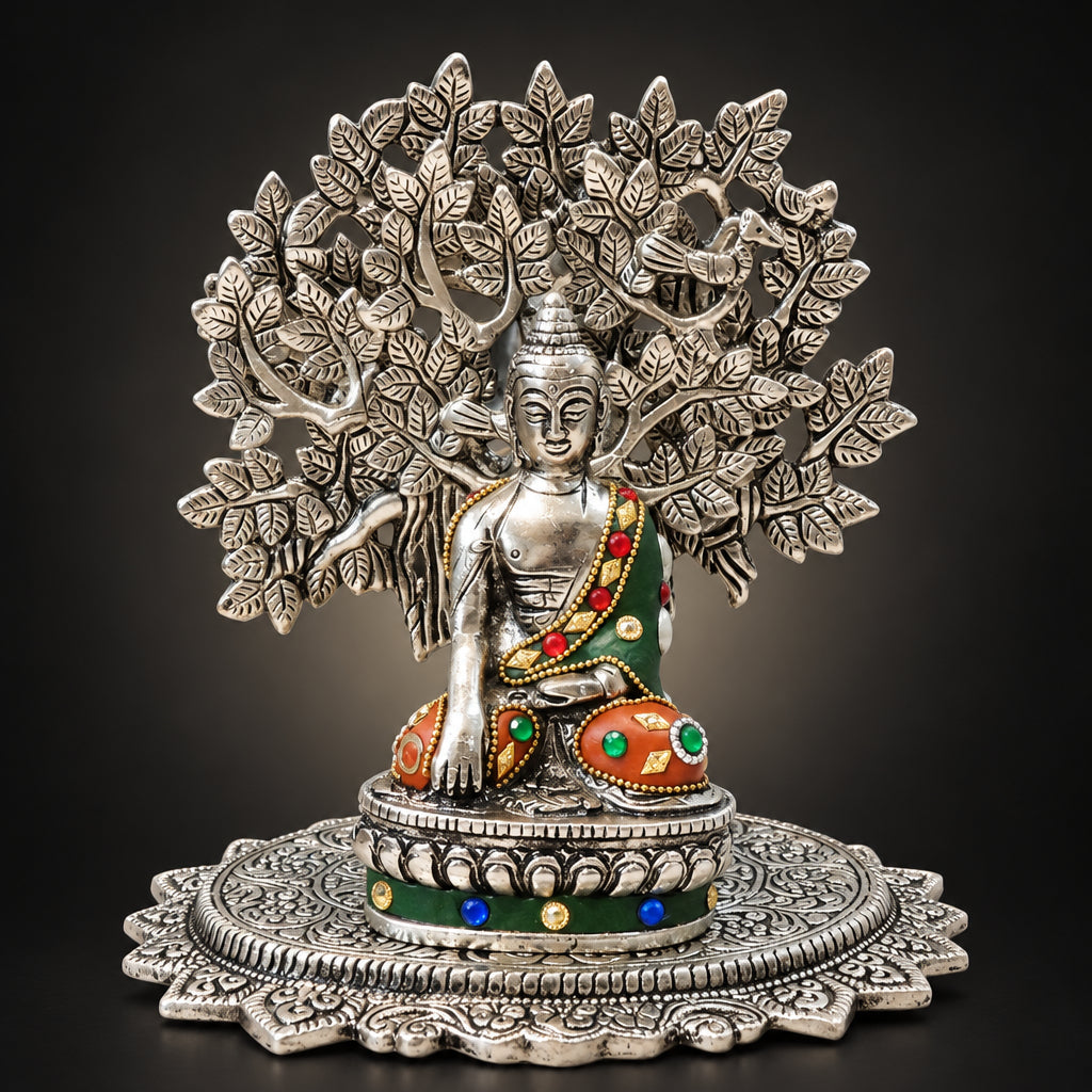 Aluminium Buddha Ji Statue Showpiece - Silver Finish Home Decor - 8.2*6.5*8.5 Inch (AS545 S)