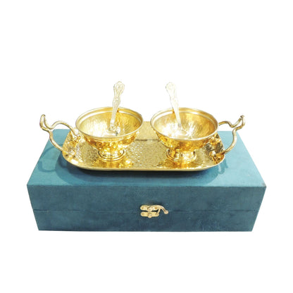 Brass Decorative 2 Bowl Set With Tray Packed With Velvet Box (B317 A)