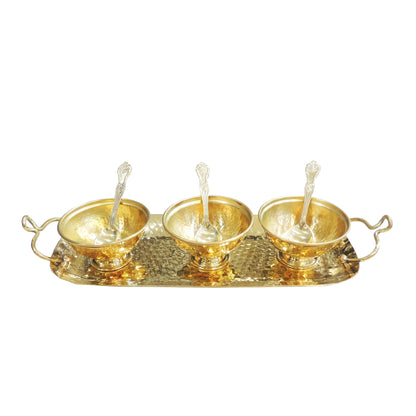 Brass Decorative 3 Bowl Set With Tray Packed With Velvet Box (B317 B)