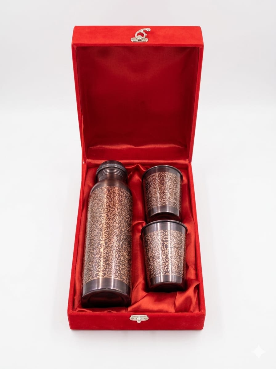 Copper Drinking Water Bottle With 2 Glass, 900 ML (BC143 G)