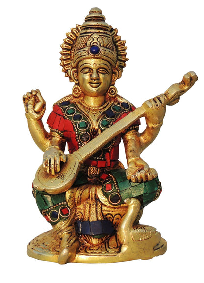 Brass Showpiece Saraswati ji idol statue with Stone finish - 4.5*2.6*6.5 Inch (BS1006 S)