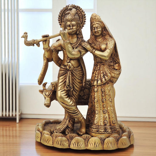 Brass Showpiece Radha Krishan Pair With Cow God Idol Statue  - 7.5*6*11 inch (BS1035 C)
