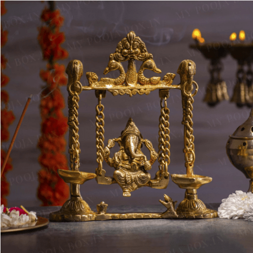 Brass Ganesh Jhula with Parrot and Deepak - 8x2.5x9 inch (BS1068 A)