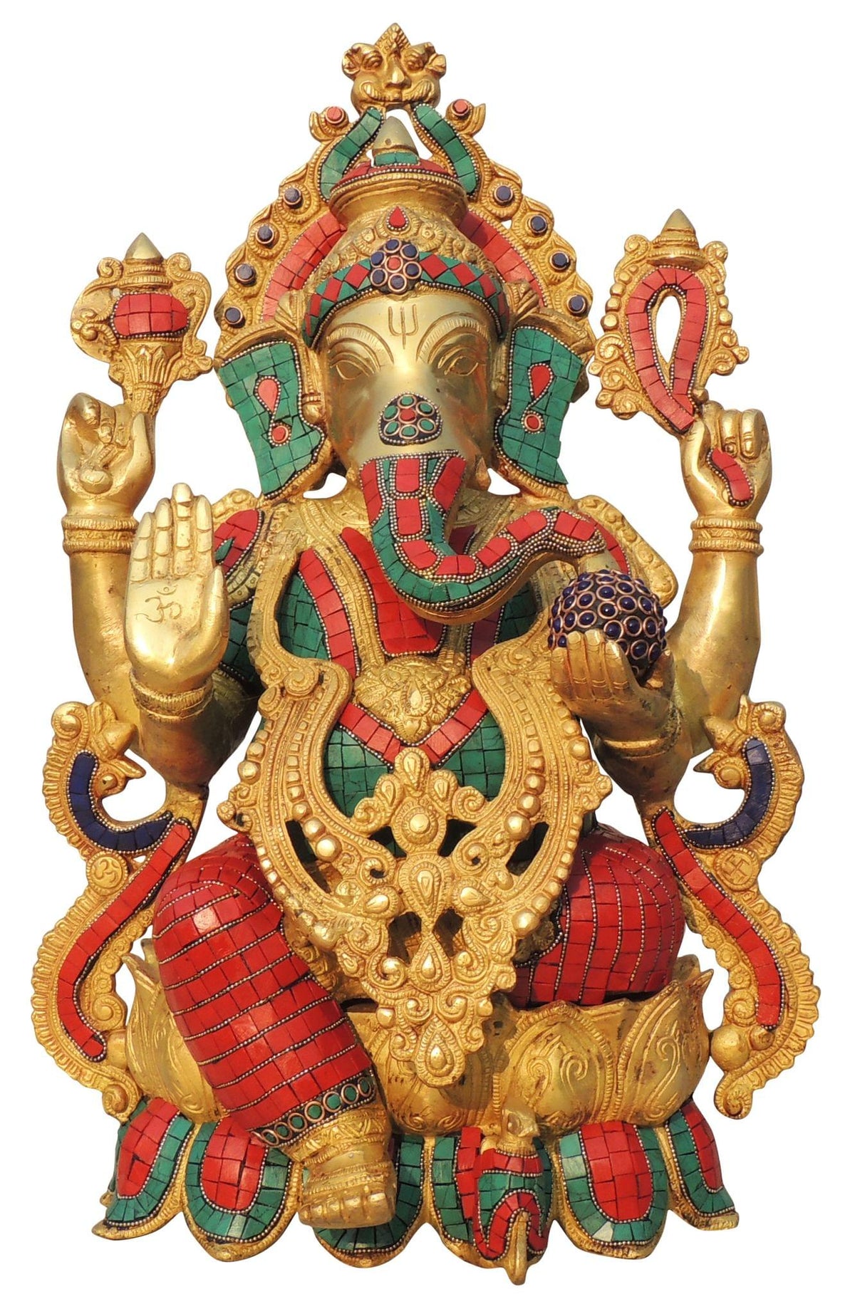 Brass Showpiece Ganesh ji With Stone Work Statue - 13*9.5*20.5 Inch ( BS1138 C )