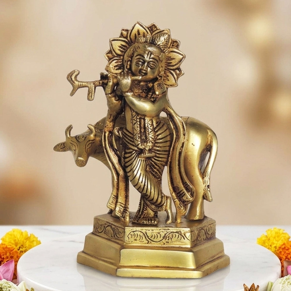 Brass Showpiece Cow Krishna God Idol Statue - 4.5*3.2*6.6 Inch (BS1391 E)
