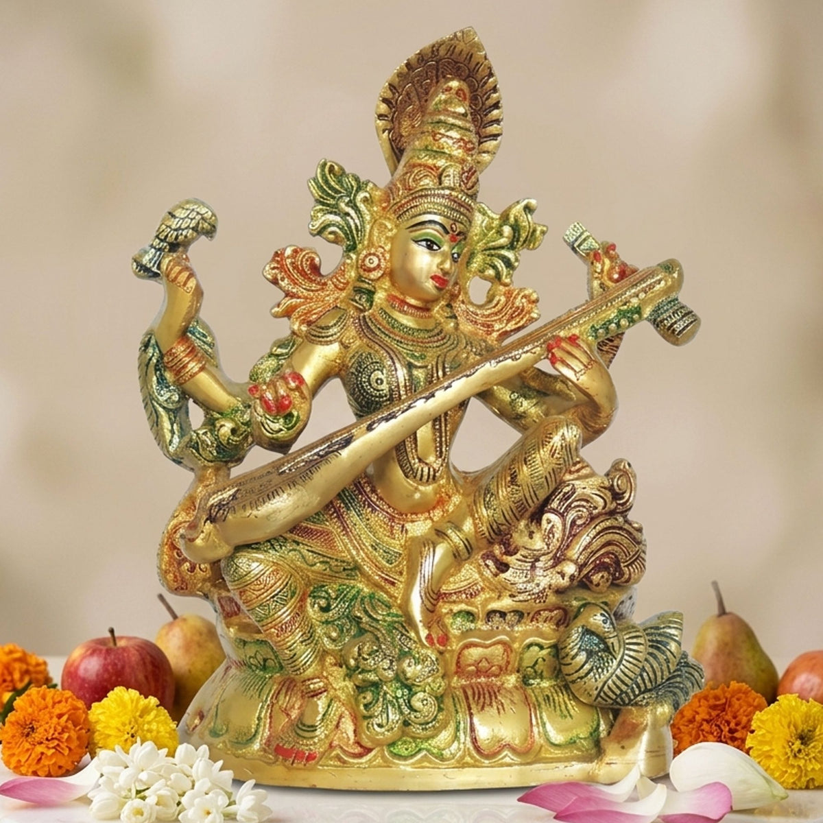 Brass Showpiece Saraswati Color God Idol Statue - 8*4*10.5 Inch (BS1413 L)