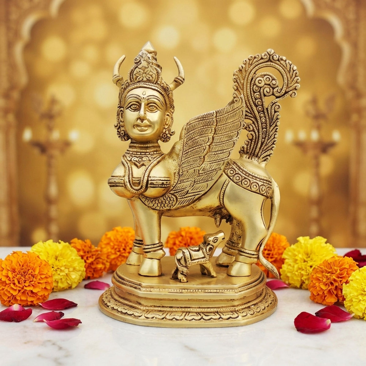 Brass Showpiece Kamdhenu Cow God Idol Statue - 7.2*6*10 Inch (BS1498 Y)