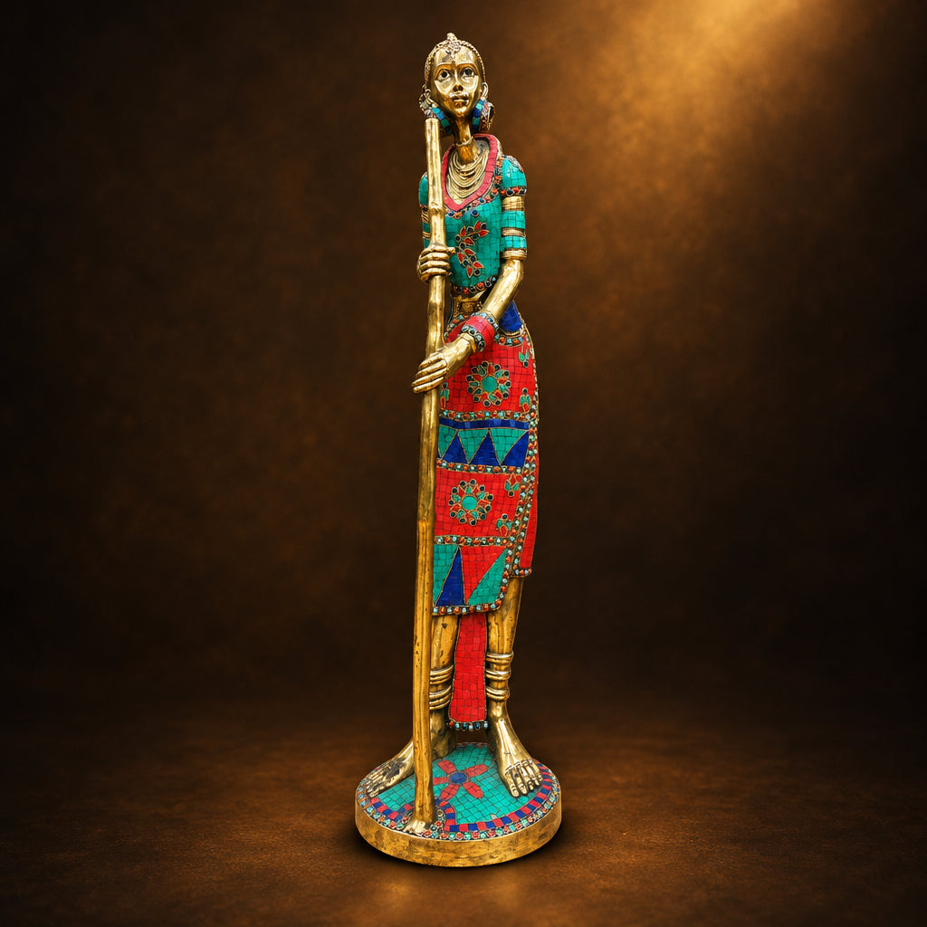 Brass Showpiece Lady With Stick Statue - 9*9*37.5 Inch (BS1563 A)