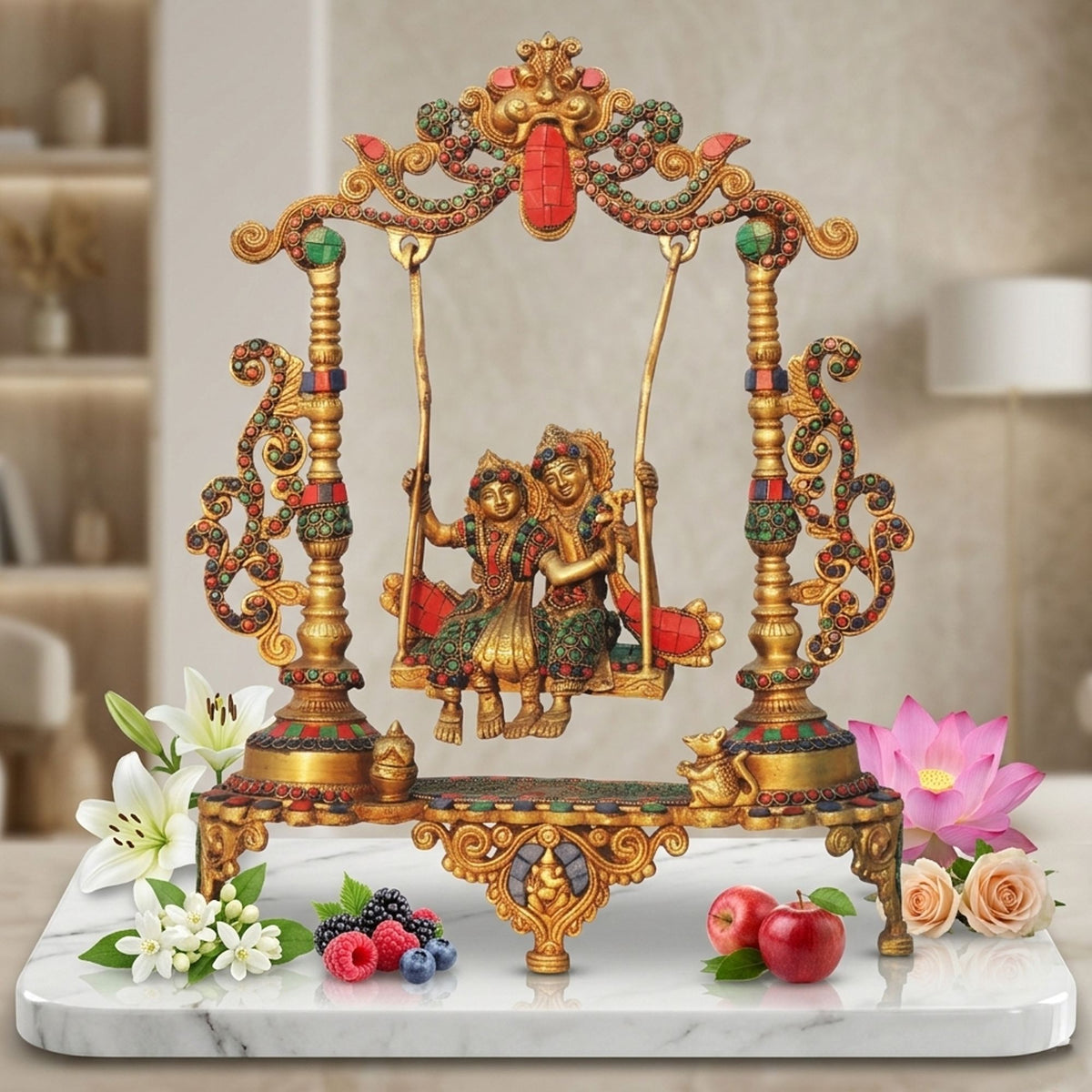 Brass Showpiece Radha Krishna Jhula Stone God Idol Statue - 14.5*4*18.5 Inch (BS1629 D)