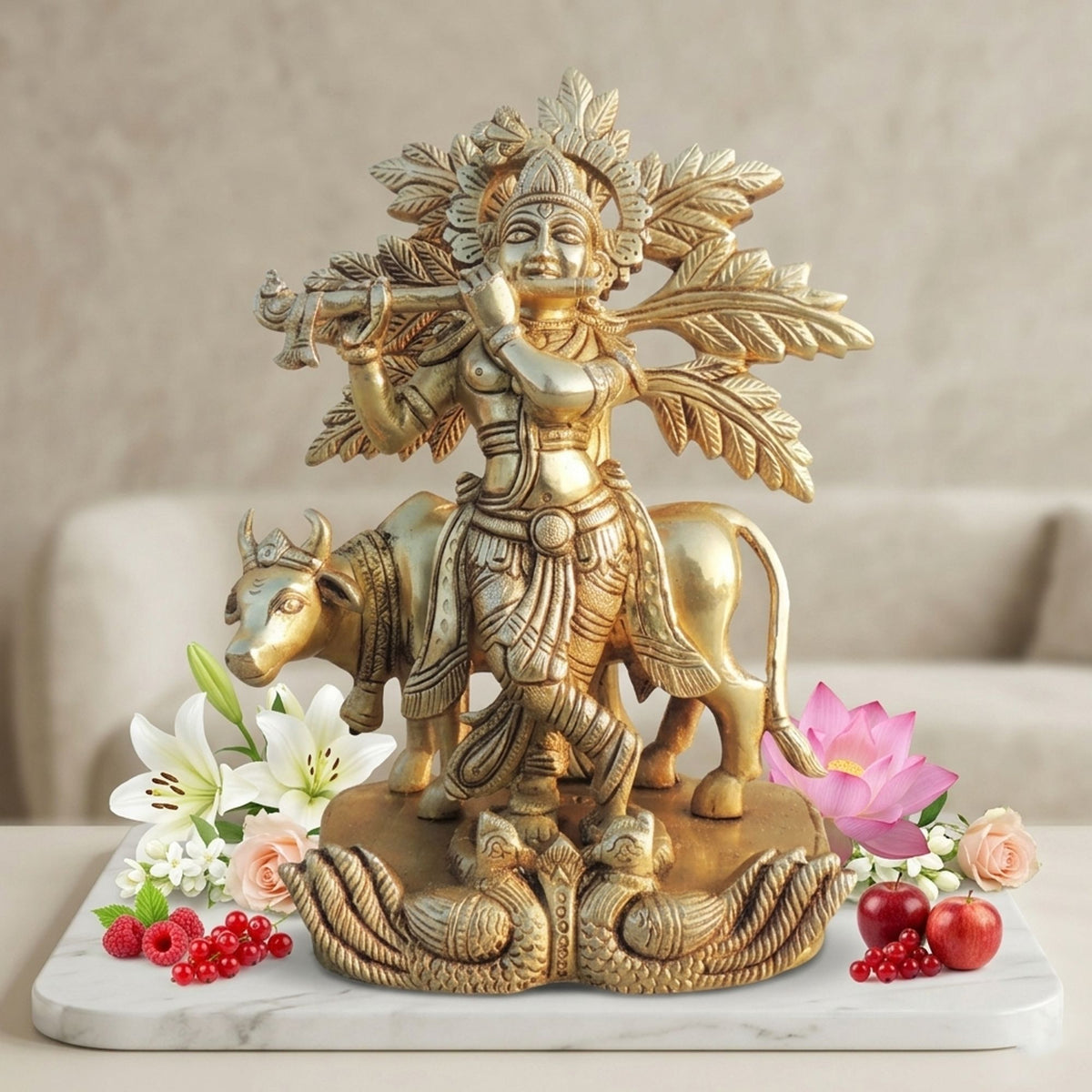 Brass Showpiece Cow Krishna God Idol Statue - 6*4*8.7 Inch (BS1692 E)