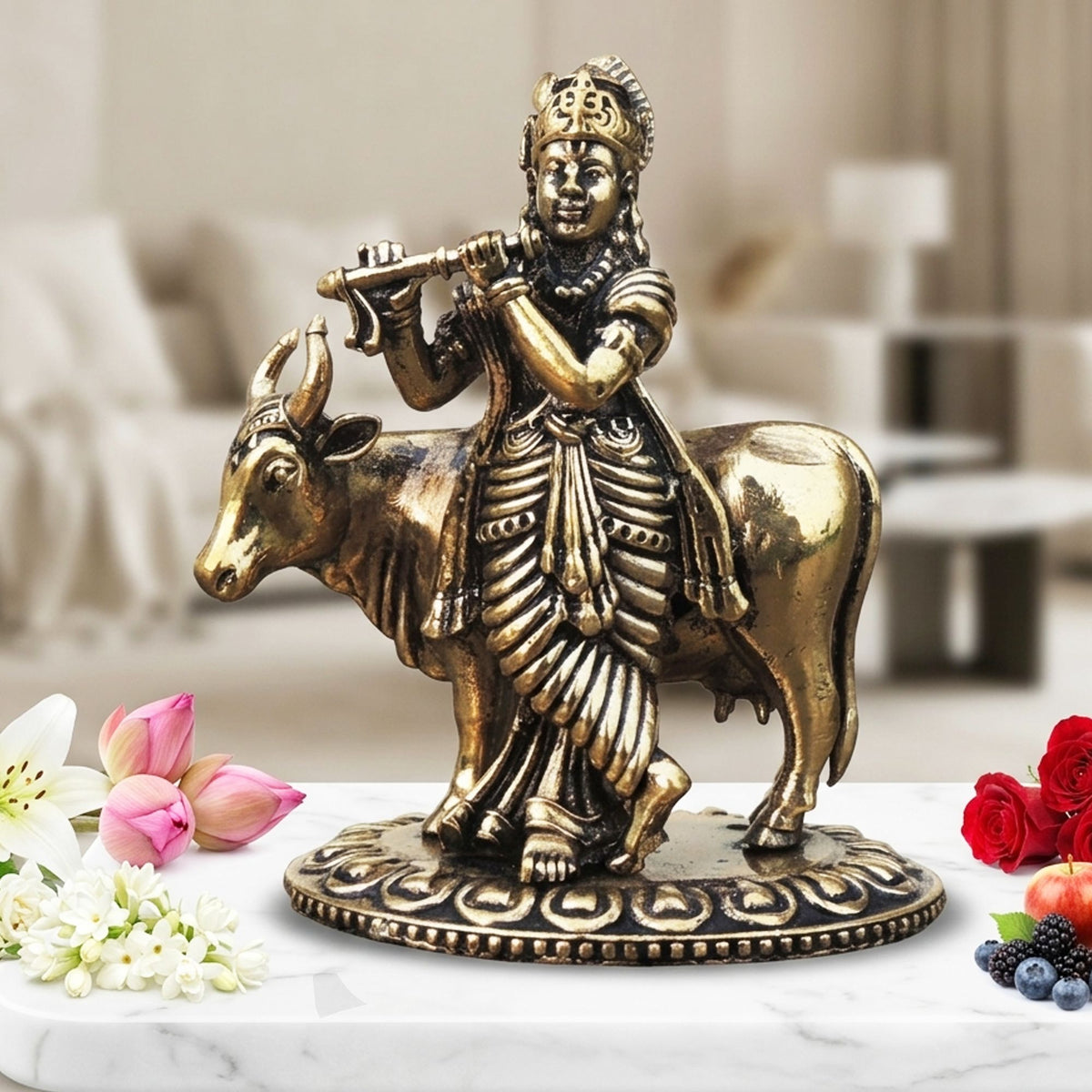 Brass Showpiece Cow Krishna Statue - 2.5*1.6*3 Inch (BS1753 C)