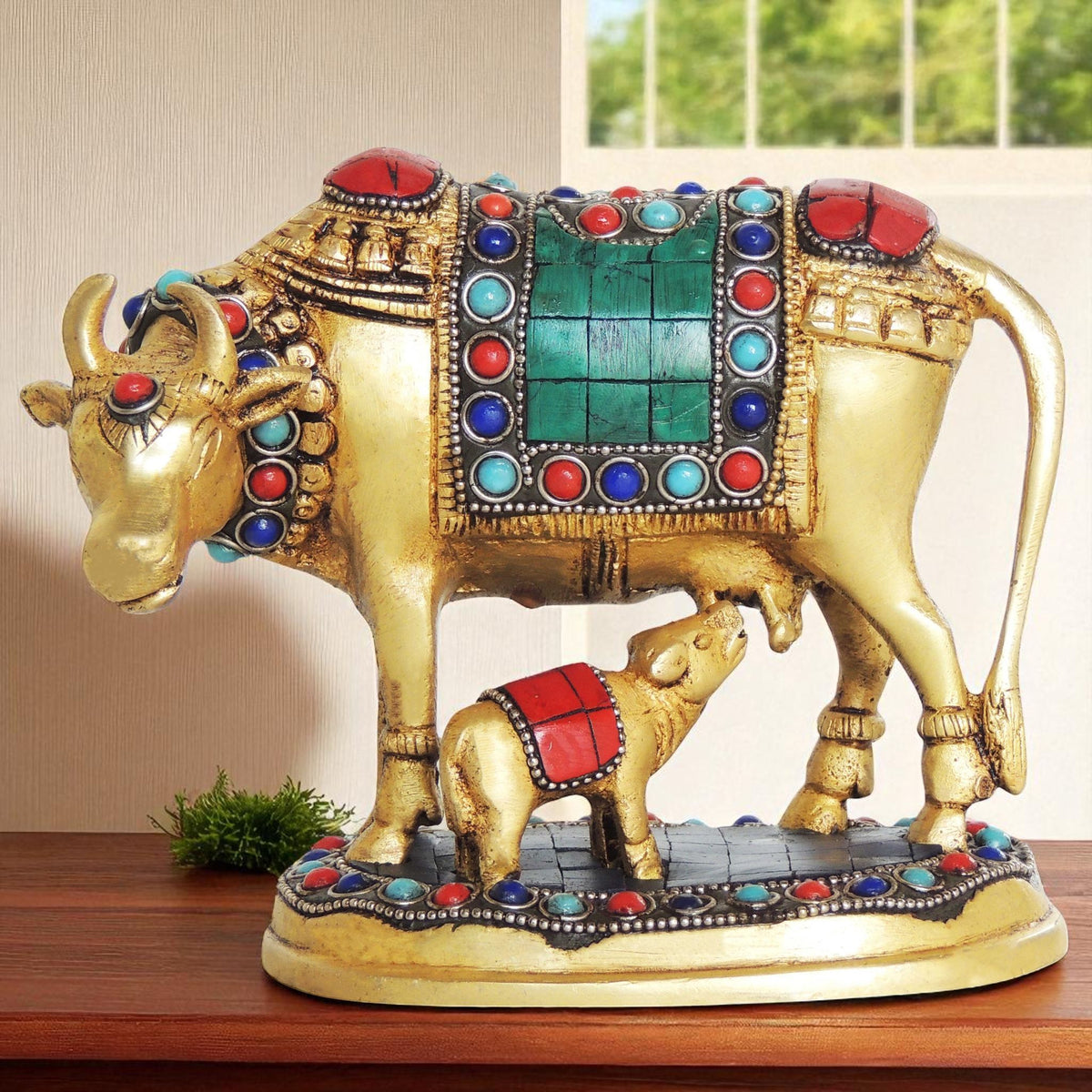 Brass Showpiece Gaye Bachdha Stone Statue - 5*3.5*5.5 inch (BS210)