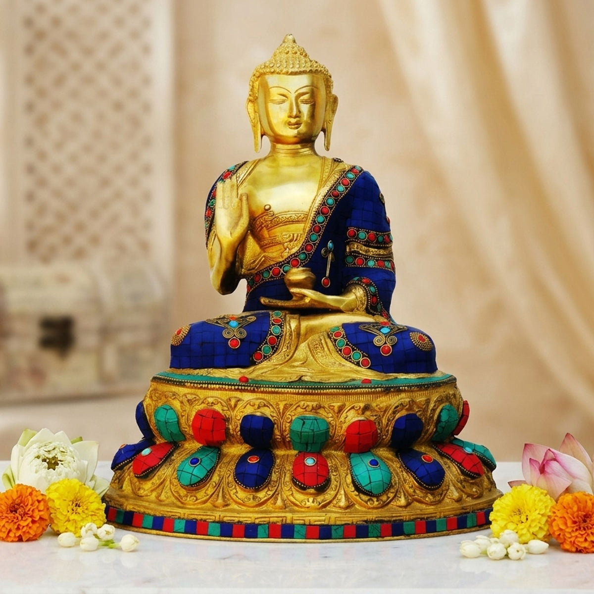 Brass Showpiece Budha Statue With Turquoise Stone Finish - 12.5*9*16 Inch (BS283)