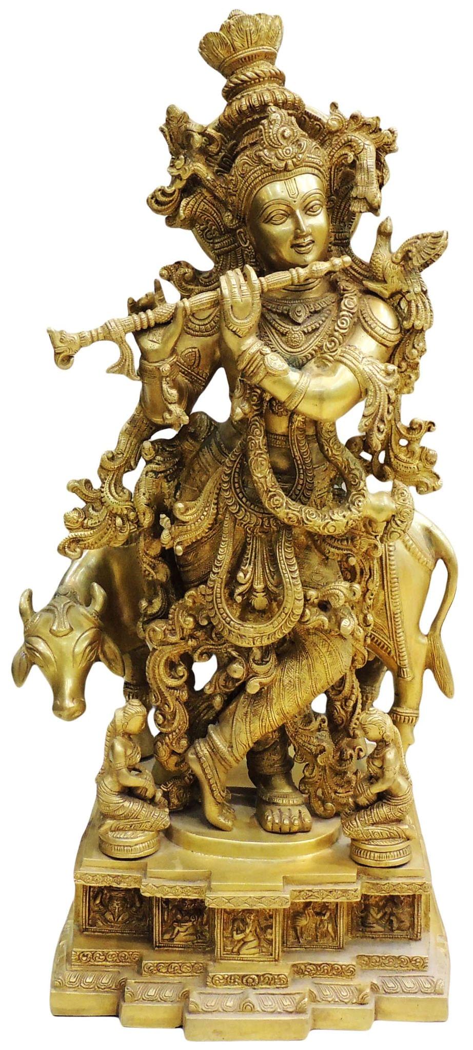 Brass Showpiece Cow With krishna God Idol Statue  - 14*11.5*28 inch (BS300)