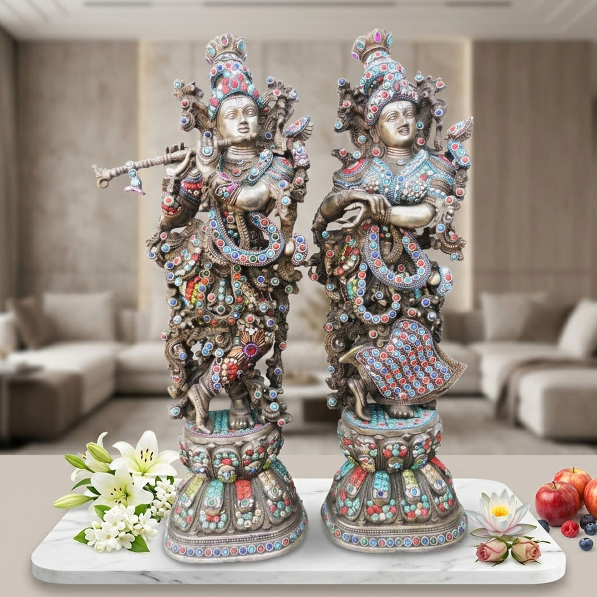 Brass Radha Krishna Stone Silver Antique-10*6.3*28.5 (BS302)