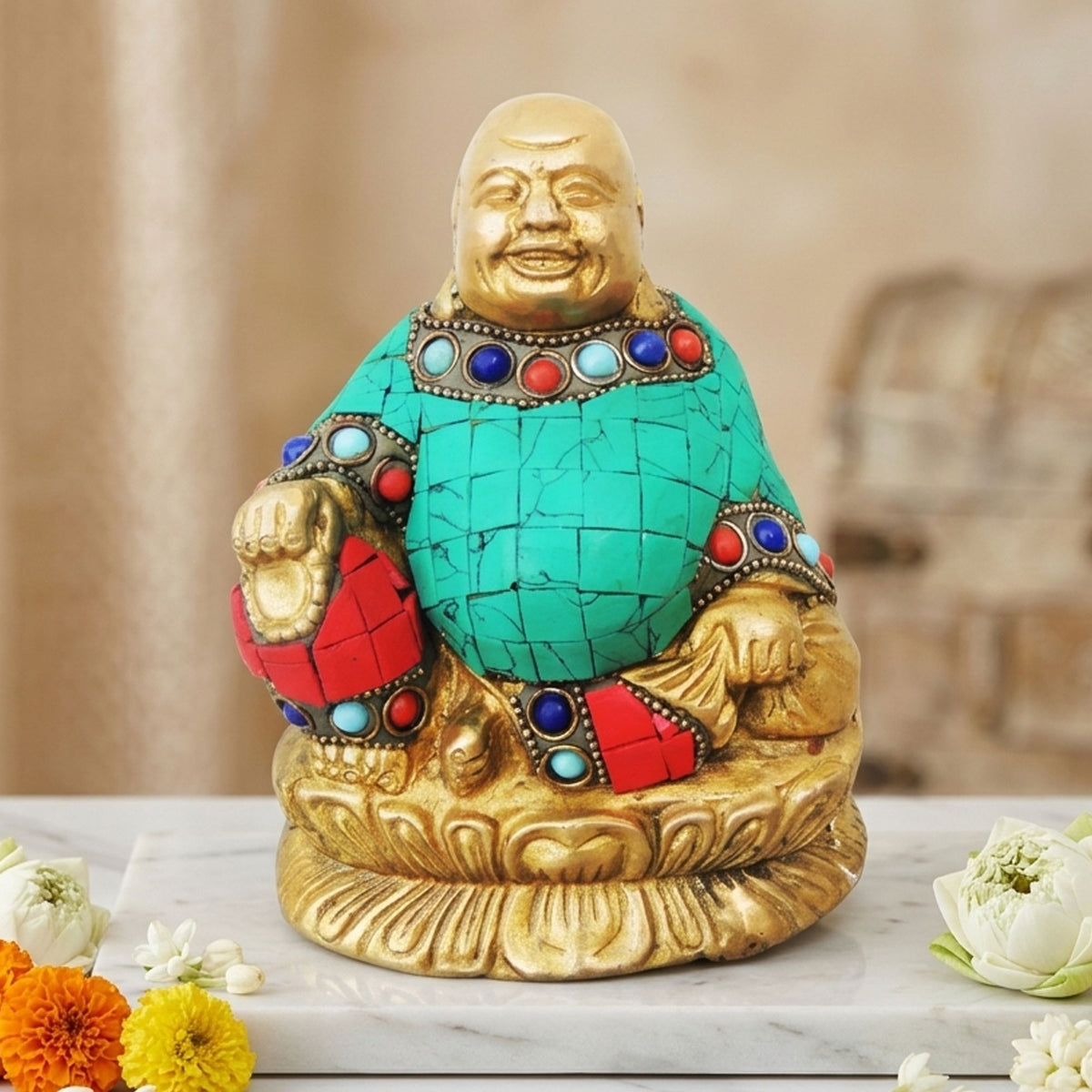 Brass Showpiece Laughing Buddha Statue With Turquoise Coral Stone Finish - 4.5*2.8*5.2 Inch (BS325 D)