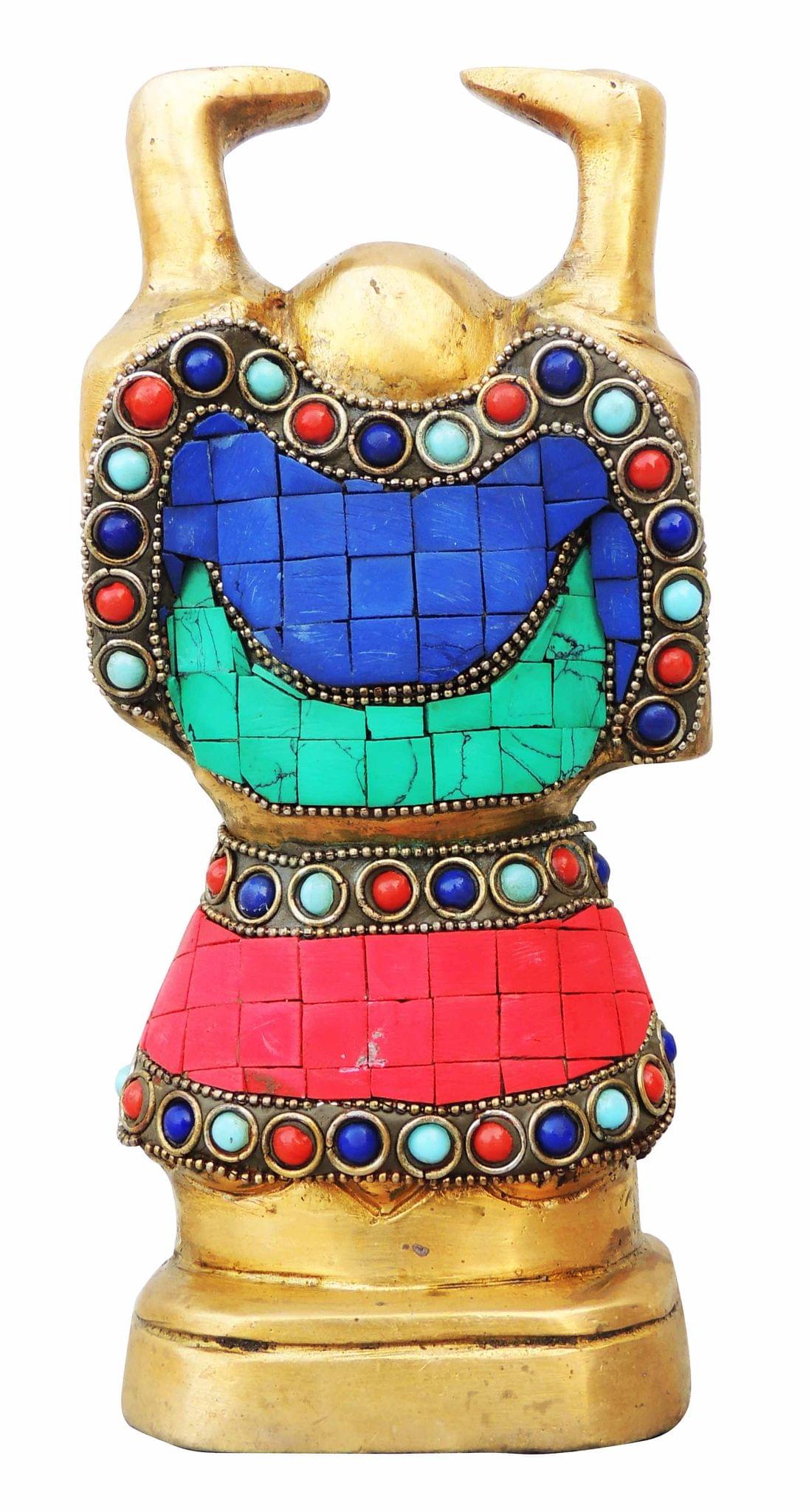 Brass Showpiece Laughing Buddha Statue With Turquoise Coral Stone Finish - 3.7*2.7*8 Inch (BS325 F)